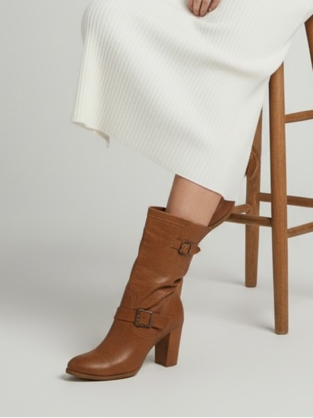 Adam Tucker Brown Leather Kaplin Mid-Calf Heeled Buckle Boots